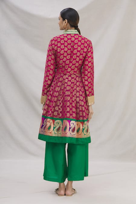 Shop Kunwarani Ritu Maroon Banarasi Embroidery Mandarin Collar Anarkali Set at Aza Fashions Shop_Kunwarani Ritu_Maroon Banarasi Embroidery Mandarin Collar Anarkali Set _at_Aza_Fashions