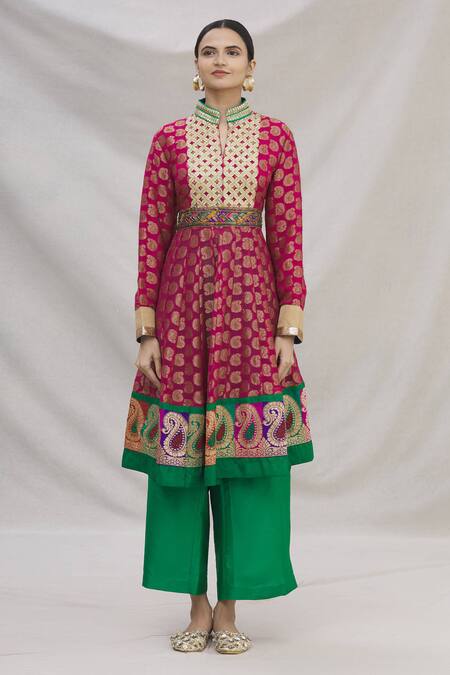 Buy Kunwarani Ritu Maroon Banarasi Embroidery Mandarin Collar Anarkali Set Online at Aza Fashions Buy_Kunwarani Ritu_Maroon Banarasi Embroidery Mandarin Collar Anarkali Set _Online_at_Aza_Fashions