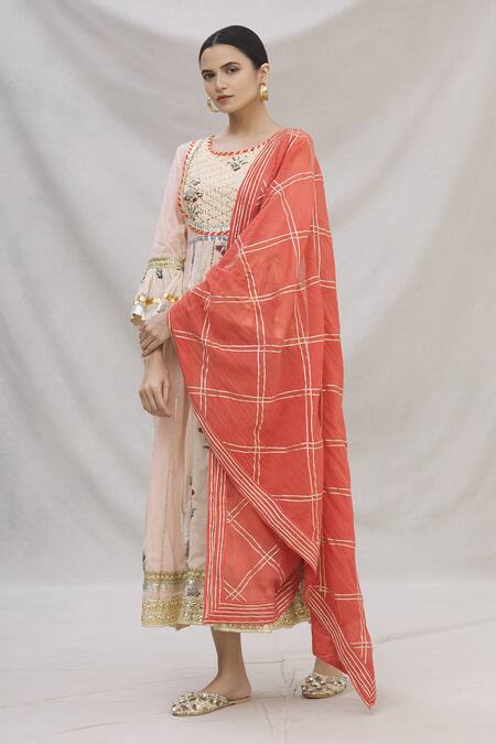 Buy_Kunwarani Ritu_Peach Cotton Embroidery Round Floral Motif Anarkali With Dupatta  _Online_at_Aza_Fashions
