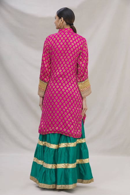 Shop Kunwarani Ritu Maroon Banarasi Mandarin Collar Kurta Set at Aza Fashions Shop_Kunwarani Ritu_Maroon Banarasi Mandarin Collar Kurta Set _at_Aza_Fashions