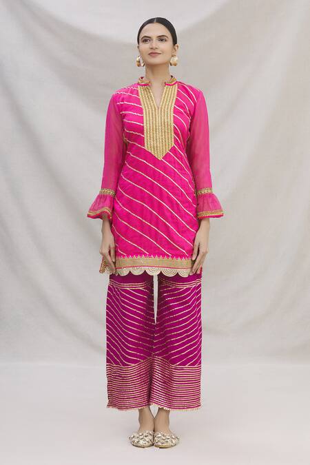 Buy Kunwarani Ritu Pink Cotton Mandarin Collar Embroidered Kurta Set Online at Aza Fashions Buy_Kunwarani Ritu_Pink Cotton Mandarin Collar Embroidered Kurta Set _Online_at_Aza_Fashions