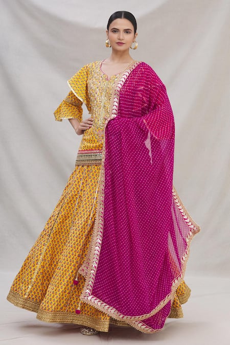 Buy_Kunwarani Ritu_Yellow Cotton Notched Floral Motif Kurta Lehenga Set _Online_at_Aza_Fashions