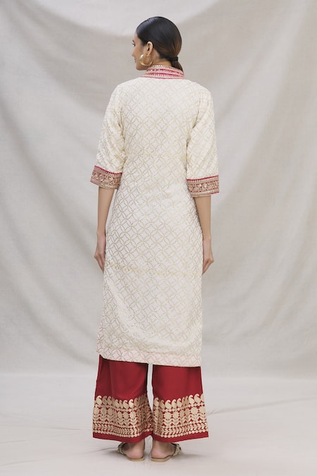 Shop_Kunwarani Ritu_White Georgette Embroidery Mandarin Collar Kurta And Pant Set  _at_Aza_Fashions