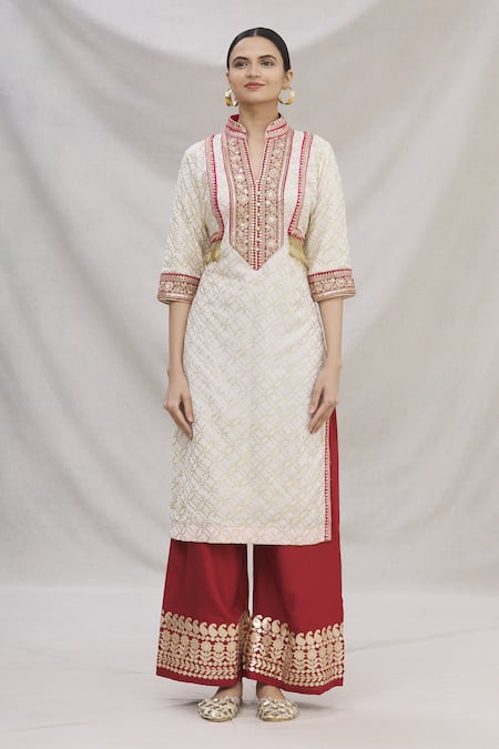 Buy_Kunwarani Ritu_White Georgette Embroidery Mandarin Collar Kurta And Pant Set  _Online_at_Aza_Fashions