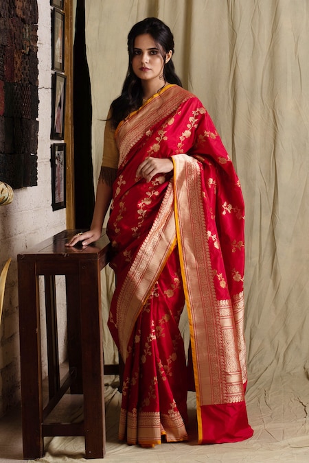 Buy Parrot Green Brocade Silk Saree With Woven Detail And Unstitched Blouse  Piece