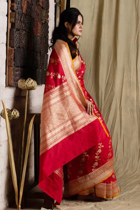 Priyanka Raajiv Red Banarasi Silk Brocade Saree Online at Aza Fashions Priyanka Raajiv_Red Banarasi Silk Brocade Saree_Online_at_Aza_Fashions
