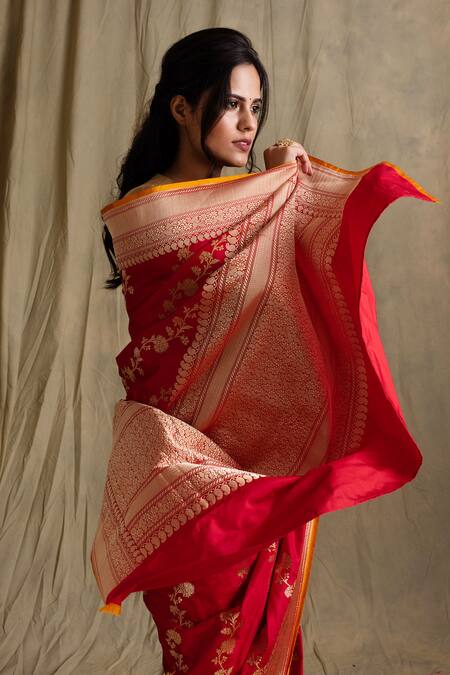Buy Priyanka Raajiv Red Banarasi Silk Brocade Saree Online at Aza Fashions Buy_Priyanka Raajiv_Red Banarasi Silk Brocade Saree_Online_at_Aza_Fashions