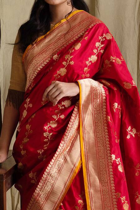 Shop Priyanka Raajiv Red Banarasi Silk Brocade Saree Online at Aza Fashions Shop_Priyanka Raajiv_Red Banarasi Silk Brocade Saree_Online_at_Aza_Fashions