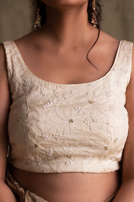 Buy Priyanka Raajiv White Crepe Silk Round Chikankari Blouse Online at Aza Fashions Buy_Priyanka Raajiv_White Crepe Silk Round Chikankari Blouse _Online_at_Aza_Fashions