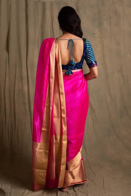 Priyanka Raajiv_Blue Silk, Cotton, Banarasi Sweetheart Neck Blouse _Online_at_Aza_Fashions