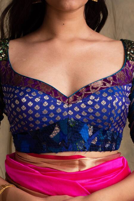 Buy_Priyanka Raajiv_Blue Silk, Cotton, Banarasi Sweetheart Neck Blouse _Online_at_Aza_Fashions