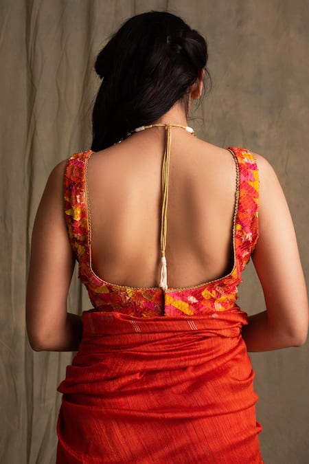 Shop Priyanka Raajiv Orange Silk, Cotton, Banarasi Round Blouse at Aza Fashions Shop_Priyanka Raajiv_Orange Silk, Cotton, Banarasi Round Blouse _at_Aza_Fashions