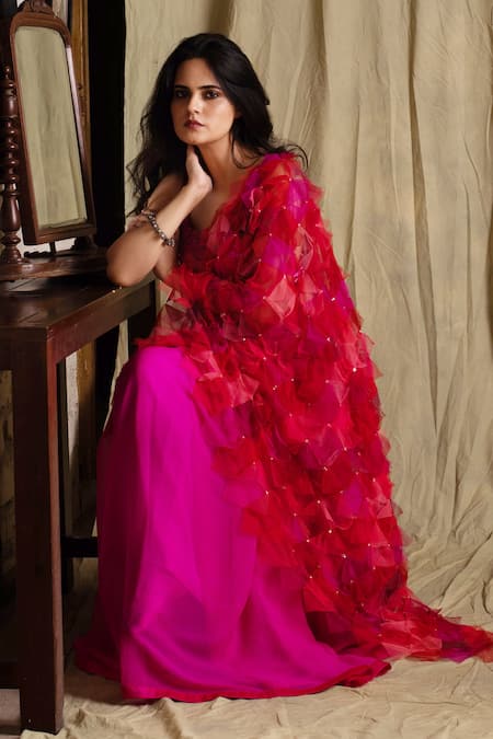 Shop_Priyanka Raajiv_Pink Silk Chiffon Saree _at_Aza_Fashions