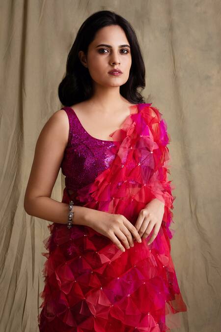 Priyanka Raajiv_Pink Silk Chiffon Saree _Online_at_Aza_Fashions