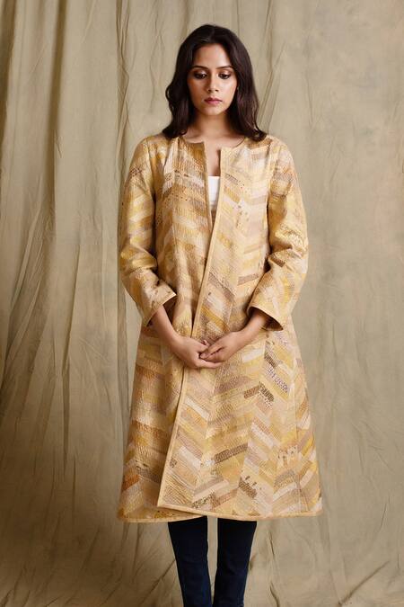 Priyanka Raajiv_Beige Silk, Cotton, Banarasi Open Jacket _Online_at_Aza_Fashions