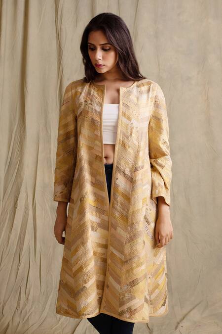 Buy_Priyanka Raajiv_Beige Silk, Cotton, Banarasi Open Jacket _Online_at_Aza_Fashions