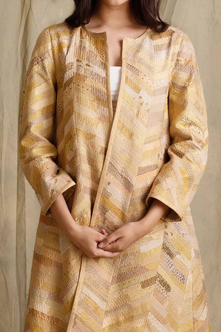 Shop_Priyanka Raajiv_Beige Silk, Cotton, Banarasi Open Jacket _Online_at_Aza_Fashions