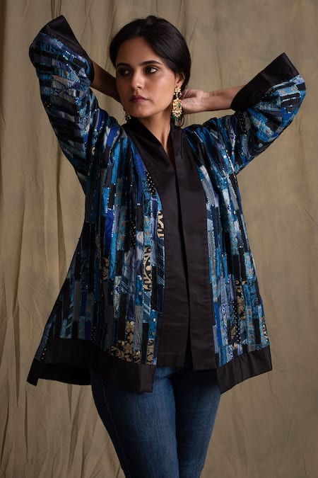 Priyanka Raajiv Blue Silk, Cotton, Banarasi Open Jacket