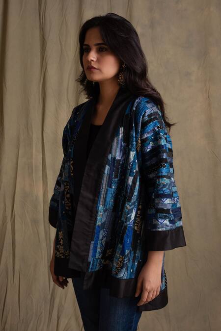 Priyanka Raajiv_Blue Silk, Cotton, Banarasi Open Jacket _Online_at_Aza_Fashions