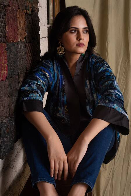 Buy_Priyanka Raajiv_Blue Silk, Cotton, Banarasi Open Jacket _Online_at_Aza_Fashions