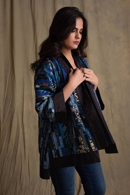 Shop_Priyanka Raajiv_Blue Silk, Cotton, Banarasi Open Jacket _Online_at_Aza_Fashions
