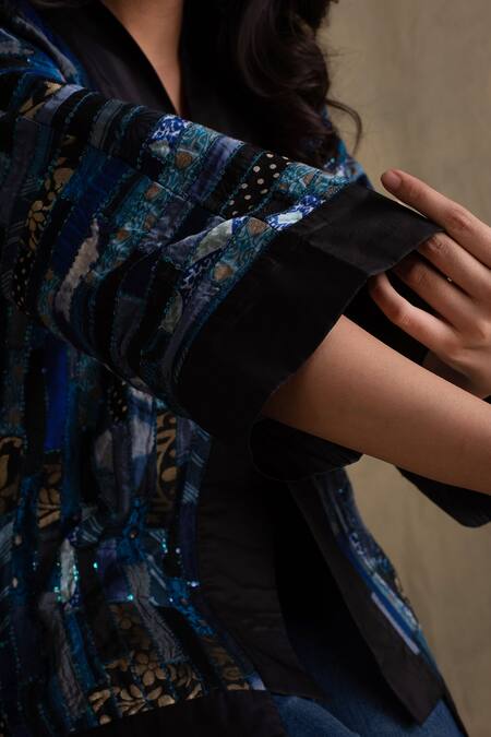 Priyanka Raajiv_Blue Silk, Cotton, Banarasi Open Jacket _at_Aza_Fashions