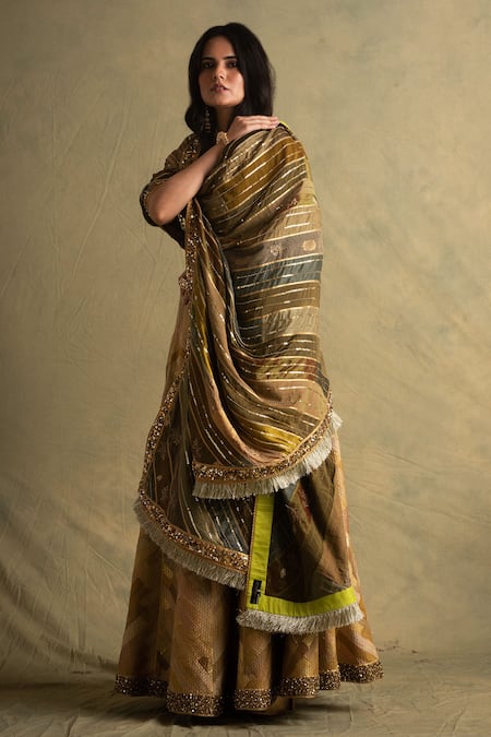 Buy_Priyanka Raajiv_Gold Silk Embroidery Round Banarasi Lehenga Set _Online_at_Aza_Fashions
