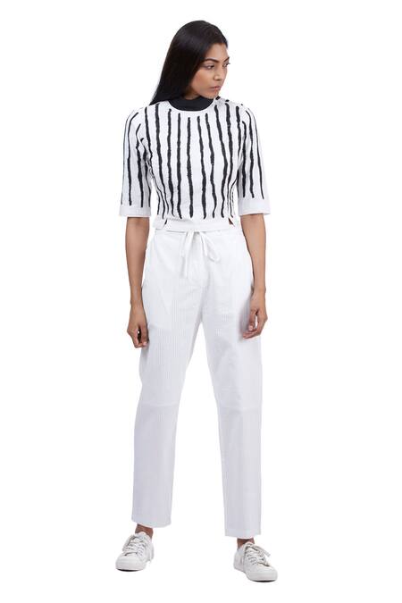 Buy Abraham And Thakore White Cotton Striped Print Pant at Aza Fashions Buy_Abraham And Thakore_White Cotton Striped Print Pant_at_Aza_Fashions