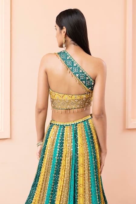 Shop Basanti - Kapde Aur Koffee Multi Color Blouse And Lehenga Chinon, Dupatta Soft Embellished Colorblock Set at Aza Fashions Shop_Basanti - Kapde Aur Koffee_Multi Color Blouse And Lehenga Chinon, Dupatta Soft Embellished Colorblock Set_at_Aza_Fashions
