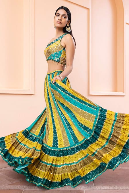 Basanti - Kapde Aur Koffee Multi Color Blouse And Lehenga Chinon, Dupatta Soft Embellished Colorblock Set Online at Aza Fashions Basanti - Kapde Aur Koffee_Multi Color Blouse And Lehenga Chinon, Dupatta Soft Embellished Colorblock Set_Online_at_Aza_Fashions