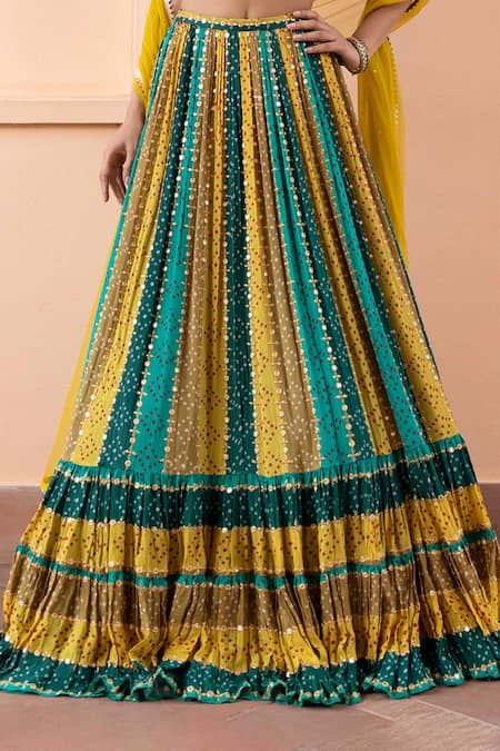 Shop Basanti - Kapde Aur Koffee Multi Color Blouse And Lehenga Chinon, Dupatta Soft Embellished Colorblock Set Online at Aza Fashions Shop_Basanti - Kapde Aur Koffee_Multi Color Blouse And Lehenga Chinon, Dupatta Soft Embellished Colorblock Set_Online_at_Aza_Fashions