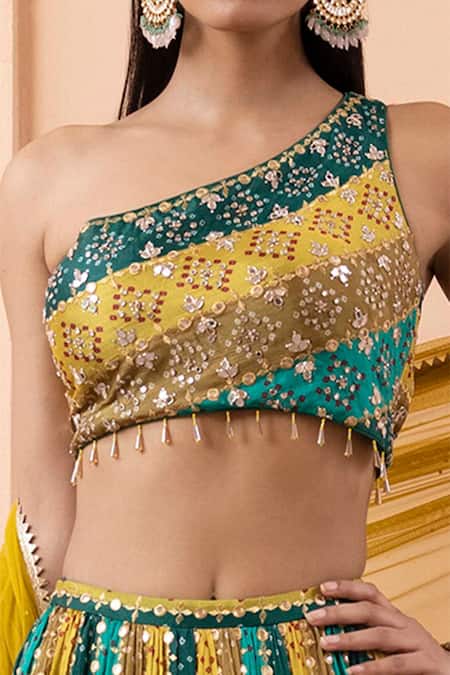 Basanti - Kapde Aur Koffee Multi Color Blouse And Lehenga Chinon, Dupatta Soft Embellished Colorblock Set at Aza Fashions Basanti - Kapde Aur Koffee_Multi Color Blouse And Lehenga Chinon, Dupatta Soft Embellished Colorblock Set_at_Aza_Fashions