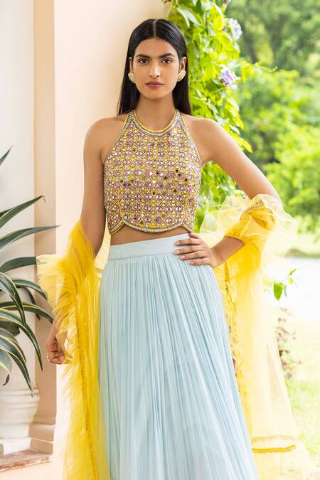 Buy_Basanti - Kapde Aur Koffee_Blue Lehenga Georgette Dupatta And Blouse Net Halter Embellished Set_Online_at_Aza_Fashions