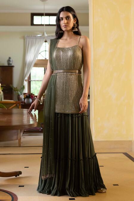 Basanti - Kapde Aur Koffee Green Dupatta Soft Net, Kurta Lycra, Sharara Georgette U Embellished Set Online at Aza Fashions Basanti - Kapde Aur Koffee_Green Dupatta Soft Net, Kurta Lycra, Sharara Georgette U Embellished Set_Online_at_Aza_Fashions