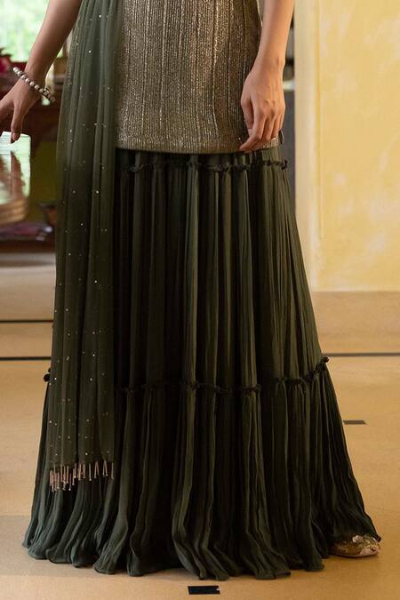 Shop Basanti - Kapde Aur Koffee Green Dupatta Soft Net, Kurta Lycra, Sharara Georgette U Embellished Set Online at Aza Fashions Shop_Basanti - Kapde Aur Koffee_Green Dupatta Soft Net, Kurta Lycra, Sharara Georgette U Embellished Set_Online_at_Aza_Fashions