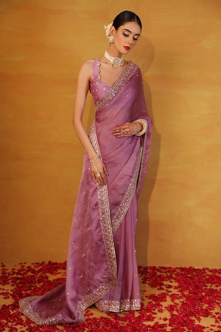 Esha Koul Purple Organza, Chanderi V Neck Embroidered Saree With Blouse Online at Aza Fashions Esha Koul_Purple Organza, Chanderi V Neck Embroidered Saree With Blouse _Online_at_Aza_Fashions