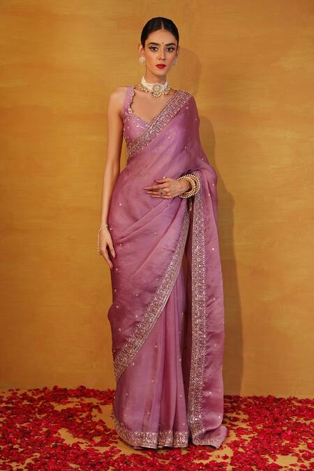 Buy Esha Koul Purple Organza, Chanderi V Neck Embroidered Saree With Blouse Online at Aza Fashions Buy_Esha Koul_Purple Organza, Chanderi V Neck Embroidered Saree With Blouse _Online_at_Aza_Fashions