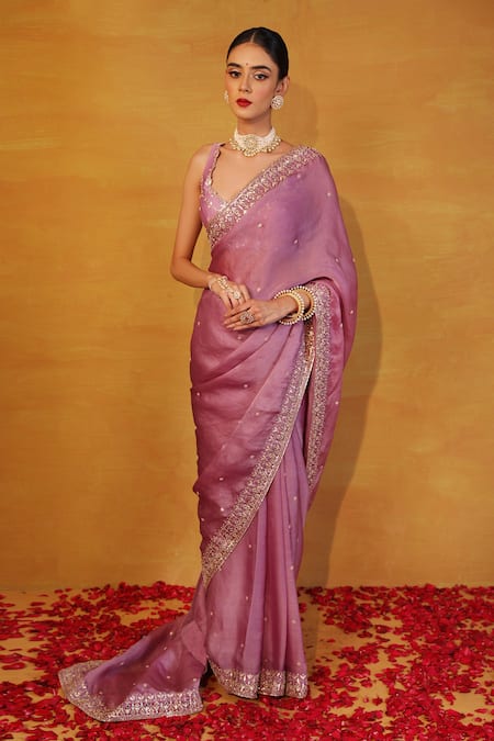 Shop Esha Koul Purple Organza, Chanderi V Neck Embroidered Saree With Blouse Online at Aza Fashions Shop_Esha Koul_Purple Organza, Chanderi V Neck Embroidered Saree With Blouse _Online_at_Aza_Fashions