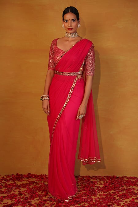 Esha Koul_Pink Net Sweetheart Neck Embroidered Saree With Blouse _Online_at_Aza_Fashions