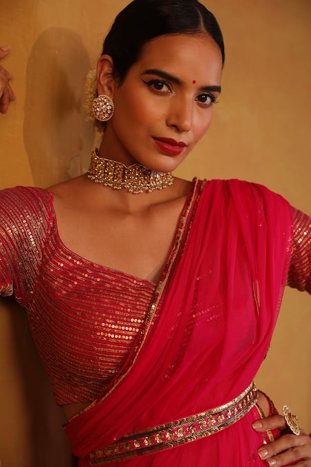 Buy_Esha Koul_Pink Net Sweetheart Neck Embroidered Saree With Blouse _Online_at_Aza_Fashions