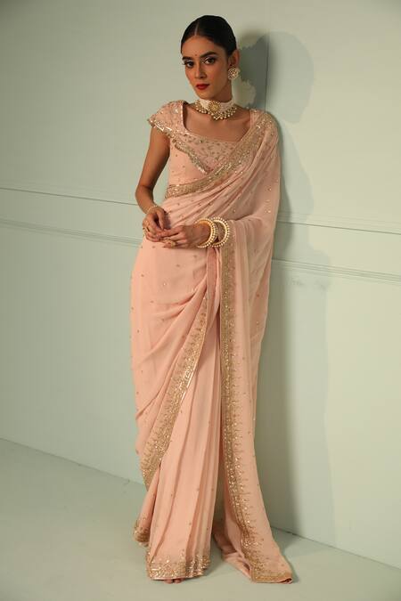 Esha Koul_Pink Georgette Square Neck Embroidered Saree With Blouse _Online_at_Aza_Fashions