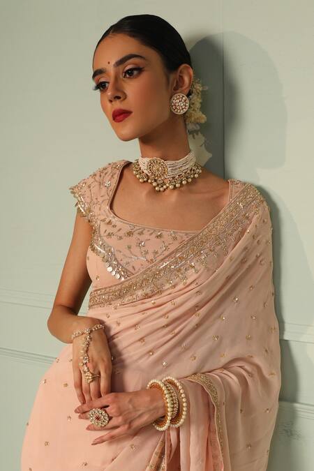 Shop_Esha Koul_Pink Georgette Square Neck Embroidered Saree With Blouse _Online_at_Aza_Fashions