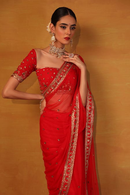 Esha Koul_Red Net, Georgette Sweetheart Neck Embroidered Saree With Blouse _Online_at_Aza_Fashions