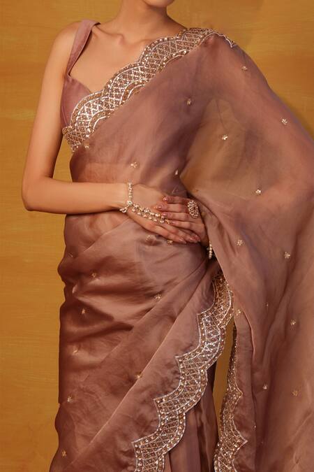 Esha Koul_Brown Organza, Chanderi Sweetheart Neck Embroidered Saree With Blouse_Online_at_Aza_Fashions