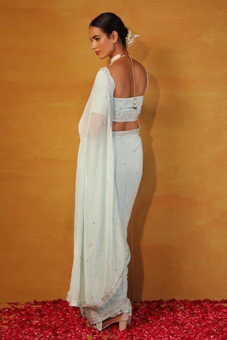Shop_Esha Koul_Blue Net, Georgette Square Embroidered Saree With Blouse _at_Aza_Fashions