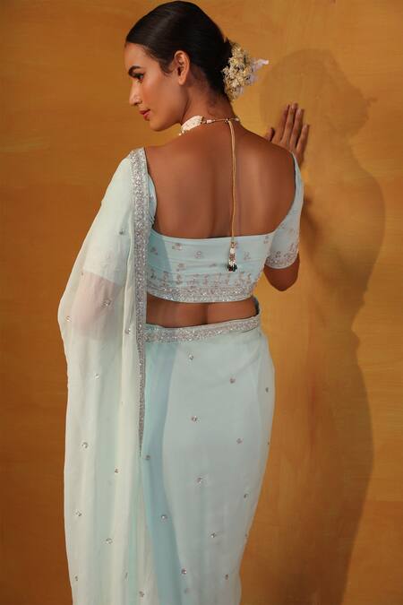 Esha Koul_Blue Net, Georgette Square Embroidered Saree With Blouse _at_Aza_Fashions