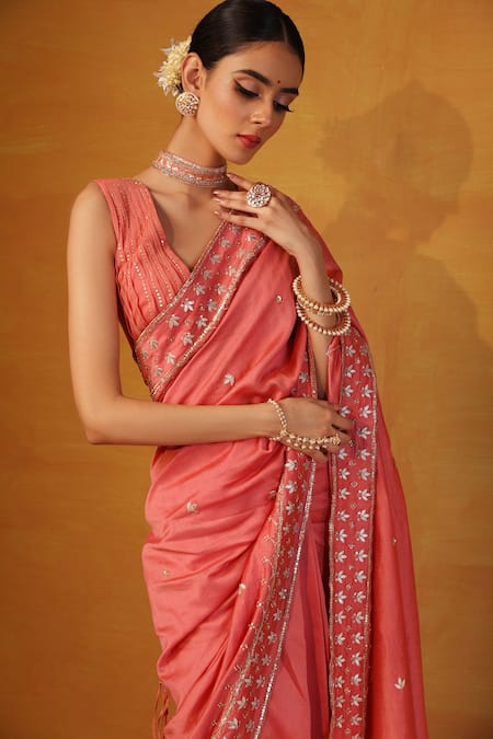 Buy_Esha Koul_Peach Chanderi, Georgette V Neck Embroidered Saree With Blouse _Online_at_Aza_Fashions