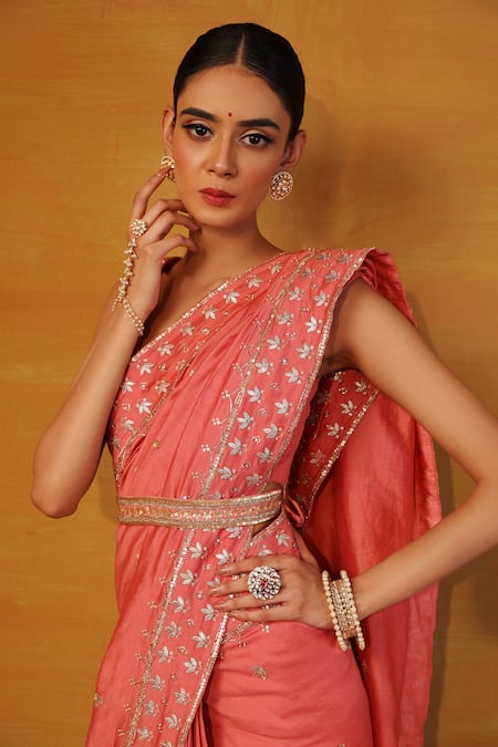 Esha Koul_Peach Chanderi, Georgette V Neck Embroidered Saree With Blouse _at_Aza_Fashions