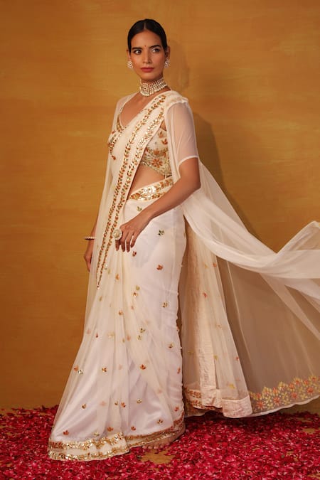 Buy_Esha Koul_White Net Embroidery Blouse  Sweetheart cape  Open Saree Set _Online_at_Aza_Fashions
