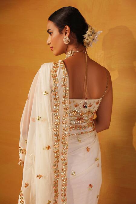 Esha Koul_White Net Embroidery Blouse  Sweetheart cape  Open Saree Set _at_Aza_Fashions